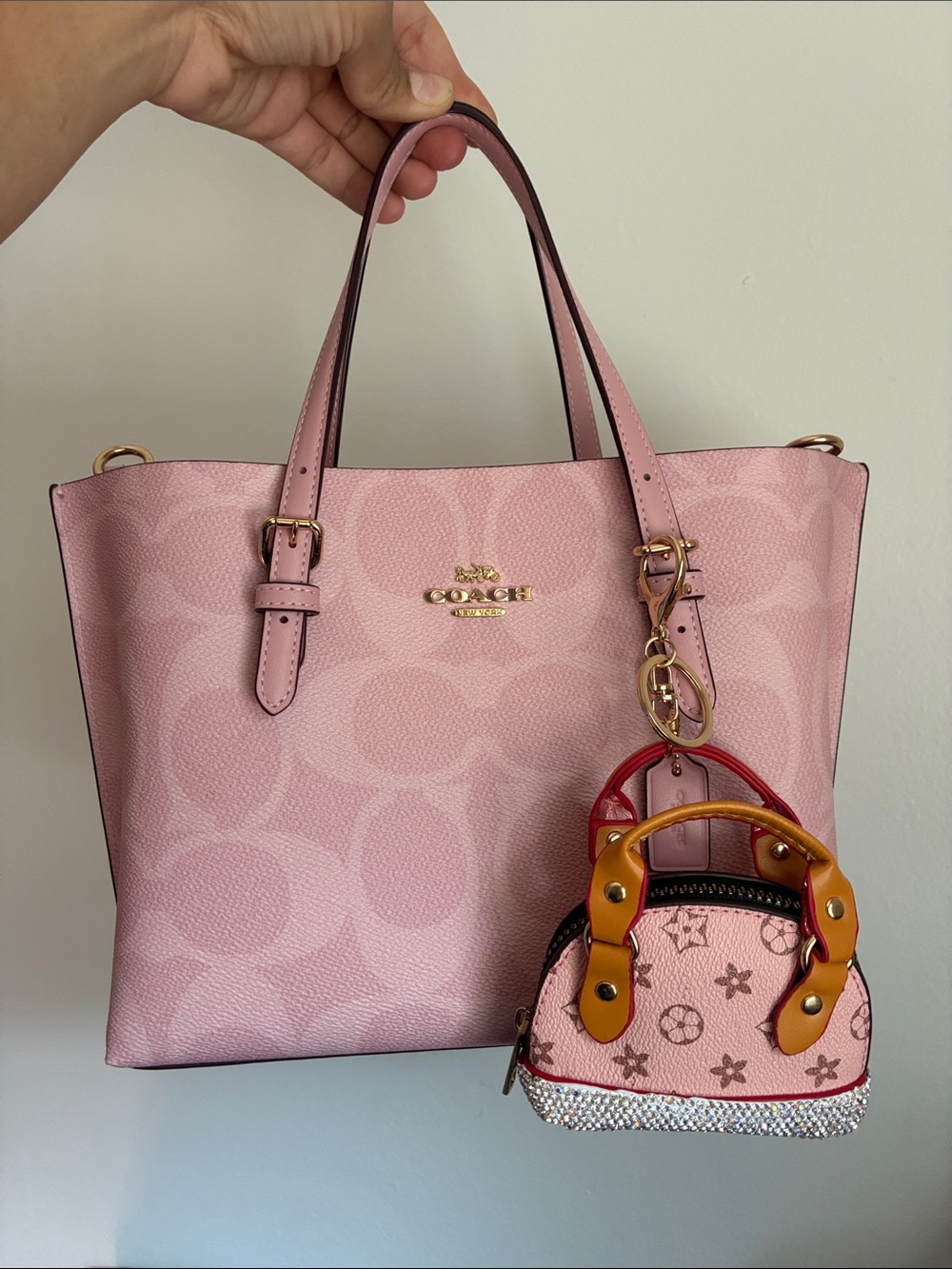 Mini Pink Monogram Satchel with Crystal Trim Keychain/ Bag Charm